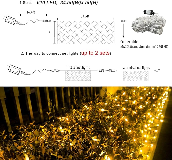 Lovelite 610 LED Christmas Net Lights 34.5ft x 5ft Mesh Lights Outdoor Clear Wire 8 Modes Waterproof Connectable String Lights Plug in for Bushes Xmas Tree Garden Holiday Party Decor - Warm White