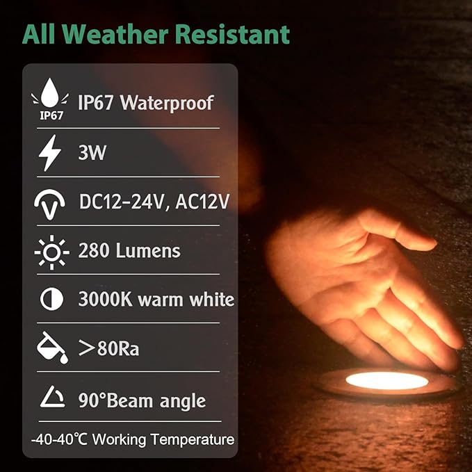 Low Voltage LED Inground Well Light 4-Packs 3W 3000K Warm White IP67 Waterproof Aluminum Buried Underground Lights for Outdoor Landscape Lighting Deck Yard Pool 12V-24V DC AC12V (4-Pack)