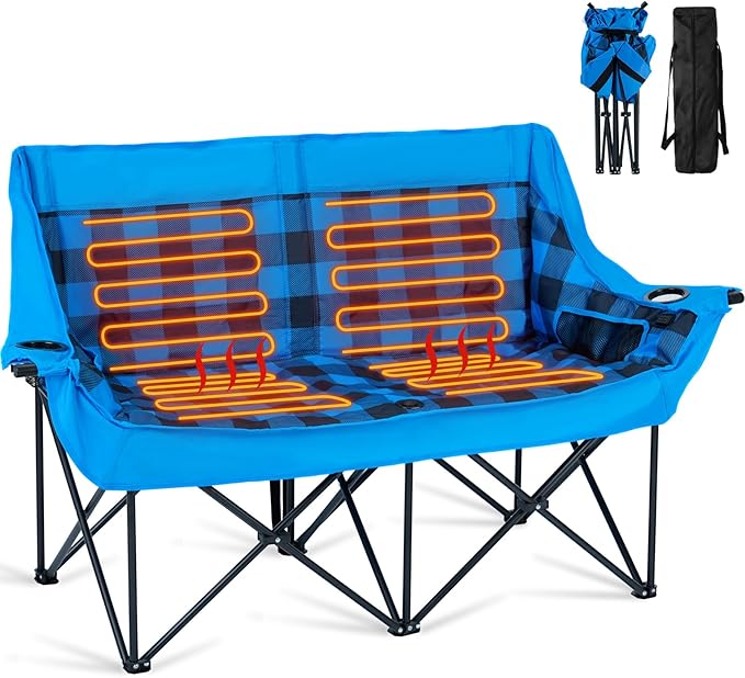 DoCred Heated Double Camping Chair Folding 2 Person Camping Chairs Loveseat Outdoor SportsHeated Oversized Lawn Chairs for AdultsHeating Camp Chair with 3 Heat Levels Battery NOT Included