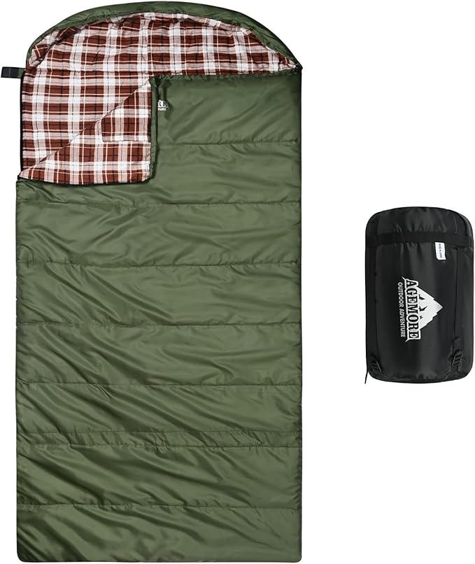 AGEMORE Cotton Flannel Sleeping Bag for Adults Lightweight XXL Cotton Sleeping Bag for Camping Backpacking or Hiking Water Resistant 3-4 Season Sleeping bag for Warm &amp Cool Weather