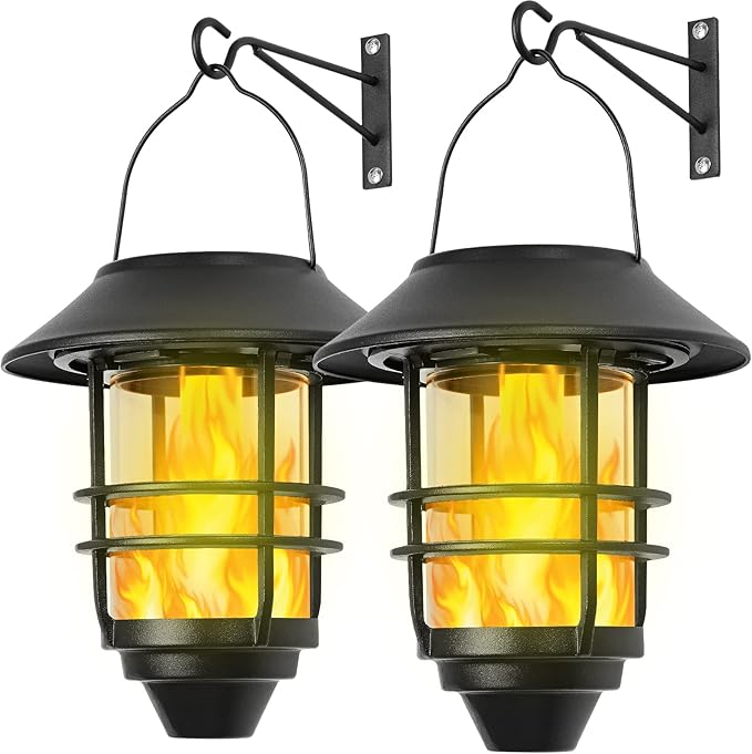 Solar Hanging Lantern Outdoor Flickering Flames Outdoor LightsSolar Lights Waterproof for Wall Fence Patio Porch Yard2 Pack