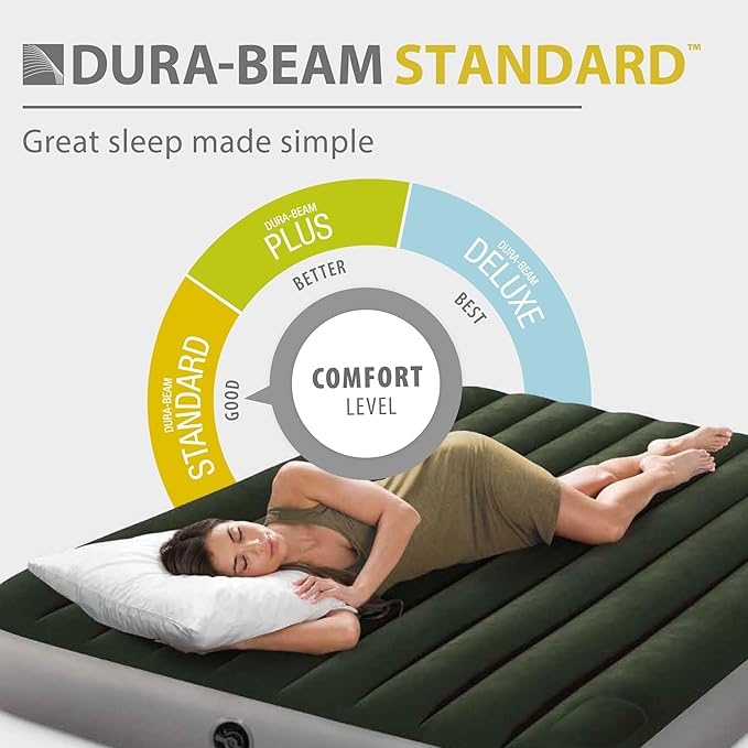 Intex 64762E Dura-Beam Standard Downy Air Mattress: Fiber-Tech – Full Size – Built-in Foot Pump – 10in Bed Height – 300lb Weight Capacity