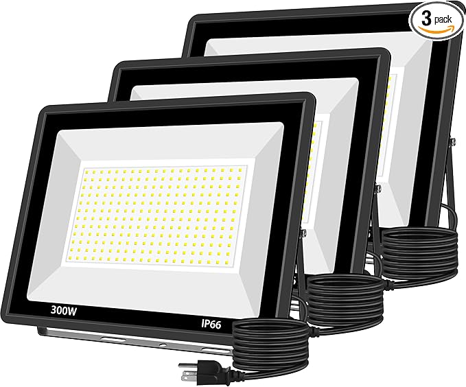 3 Pack 300W LED Flood Light Outdoor 2000W Equivalent 36000LM Super Bright Security Lights IP66 Waterproof Commercial Lighting for Sports FieldsCourtsArenaStadium