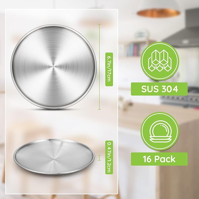 Stainless Steel Plates 16 Set 6.7 inch 304(18/8) Metal Food Serving Plate Reusable Snack Eating Dishes Round Shatterproof Plate Silver Dinnerware for BBQ Dinner Oven Dishwasher Safe