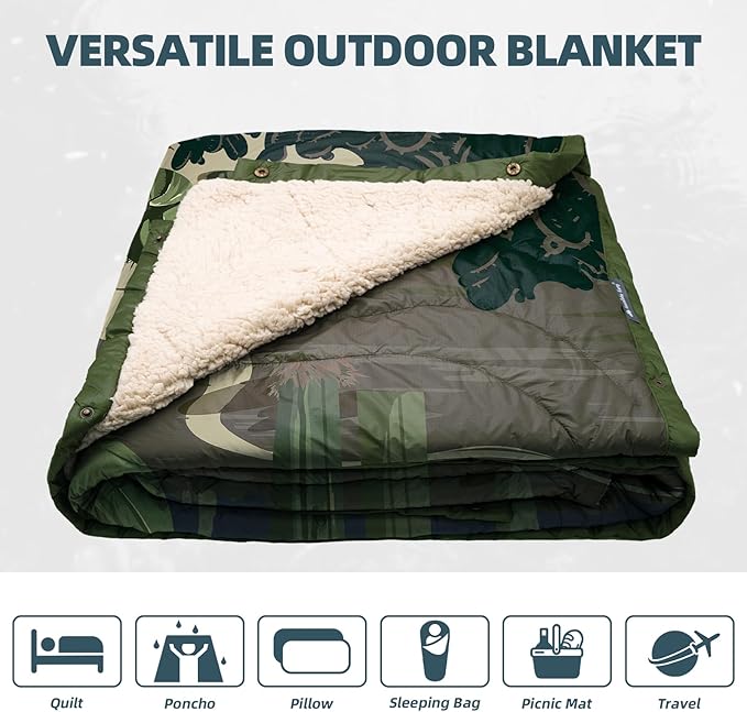Outdoor Camping Blanket with Sherpa Lining Extra Warm Thick Camp Blankets and Puffy Ultralight Soft Poncho DWR Camping Quilt for Cold Weather Adventure Sleeping Backpacking 78x 56