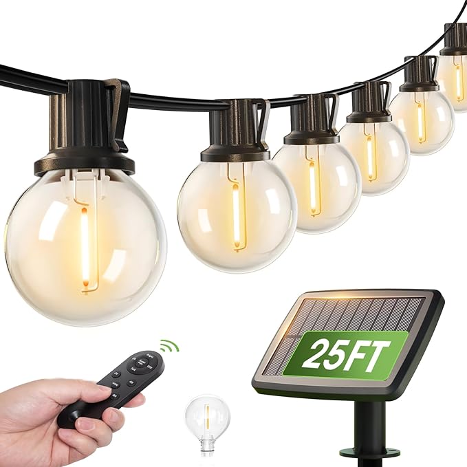 addlon 25FT Solar Powered Outdoor String Lights Waterproof with Remote G40 Solar Powered String Lights with 13 LED Shatterproof Bulbs 3 Light Modes Dimmable Solar Lights for Outside Bistro Cafe