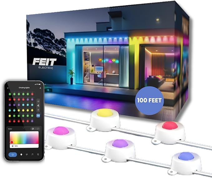Feit Electric Permanent Outdoor Lights Smart String Lights 100FT LED Lights 2.4GHz WiFi-Enabled Under Eaves Light Works with Alexa and Google Asst App Control Weatherproof SL100-60/RGBTW/AG