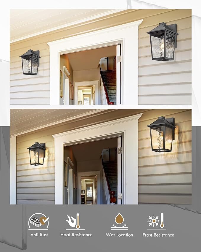 Outdoor Wall Sconce 2 Pack HWH Exterior Wall Lighting Fixtures with Water Ripple Glass Industrial Outdoor Porch Lights Wall Mounted for House Patio Matte Black 5HX64B-2PK-SW BK