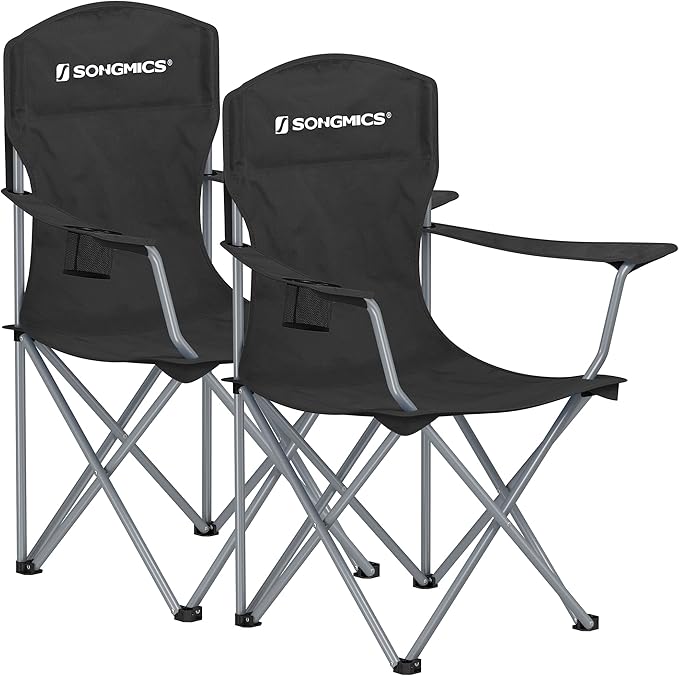 SONGMICS Set of 2 Folding Camping Chairs Comfortable Heavy Duty Structure Max. Load Capacity 330 lb Outdoor Chair with Cup Holder for Camping Garden Fishing Terrace Black UGCB08BK