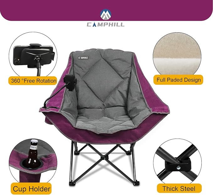 CAMPHILL Folding Camping ChairOversized Portable Camping Chair with Cup Holder and Phone HolderHeavy Duty Padded Lawn Chair for Camping Tailgates Beach and Sports