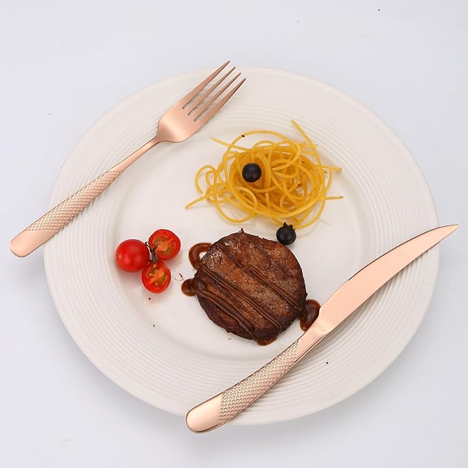 Hammered Flatware Set Copper/Rose Gold Silverware 20 Piece Stainless Steel Service for 4 Forks Knives Spoons Heavy Thickened Handle Elegant Modern Design Kitchen Use Festival Parties