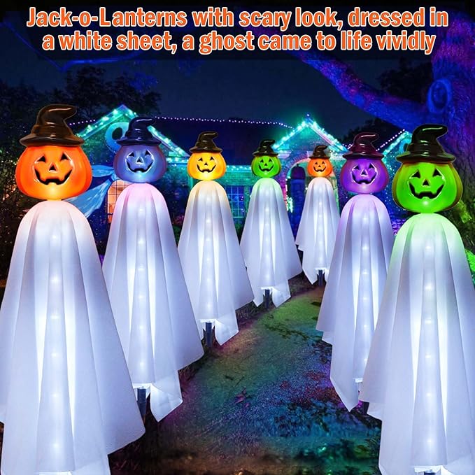 Homeleo Set of 4 Solar Pumpkin Ghost Lights for Halloween Decorations Outdoor Light up Floating Scary Ghosts Pumpkins Witch Hat Stake Lights for Porch Yard Outside Pathway Halloween Party Decor
