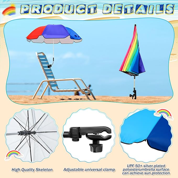 Buryeah 2 Pcs Automatic Chair Umbrella with Universal Clamp 44 UPF 50+ Portable Clamp on Beach Chair Adjustable Wheelchair Umbrella for Outdoor Patio Parasol
