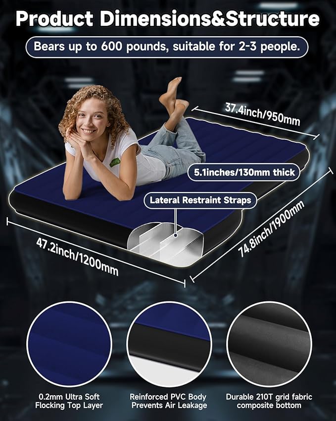 Umbrauto Air Mattress for Tesla Model Y Custom Inflatable Camping Bed for Back Trunk SUV Sleeping Pad w/Soft Flocking Surface Durable 210T Fabric Bottom Portable Pump for Travel Navy
