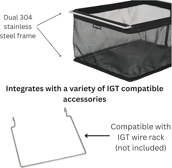 IGT Compatible Folding Mesh Drain Basket Folding Camping Table Storage Pouch Stainless Steel Frame Hanging Rack IGT Camping Table Accessories for Outdoor Cooking Picnic BBQ (1-Slot)