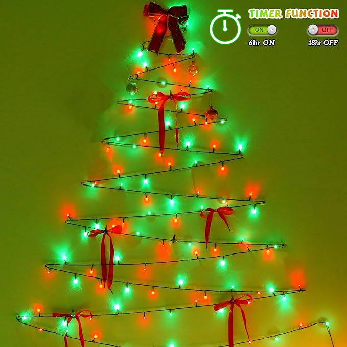 YEGUO Christmas Lights Battery Operated 2 Pack Each 33ft 100 LED Red and Green String Lights Outdoor Waterproof 8 Modes Green Wire Fairy Light Indoor with Remote