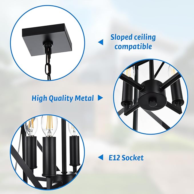 Outdoor Pendant Light with Water Ripple Glass 4-Light Exterior Hanging Porch Light Large Lantern Pendant Light Waterproof Black Outside Chandelier for House Front Door Patio Entrance