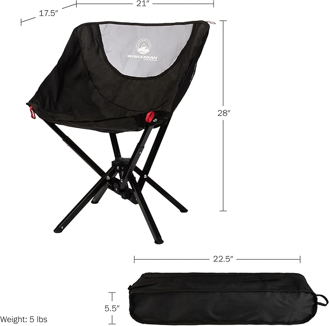 Portable Camping Chair - Compact Foldable and Lightweight Backpacking Chair with Carrying Bag - Backpacking Gear for Picnic Camp Hiking and Outdoor Field Use by Wakeman (Black)