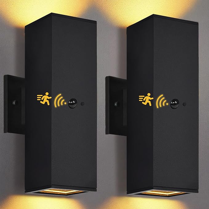 wowlite Motion Sensor Outdoor Wall Lights Dusk to Dawn Outdoor Lighting with E26 Bulbs Included 3 Lighting Modes Black Exterior Lighting Fixtures Aluminum Outside Lights for House Porch Yard 2 Pack