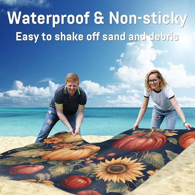Waterproof Sandproof Beach Blanket 59''×68'' Vintage Pumpkin Polyester Outdoor Picnic Blanket with 4 Stakes &amp Storage Bag for BeachCampingVacation Food
