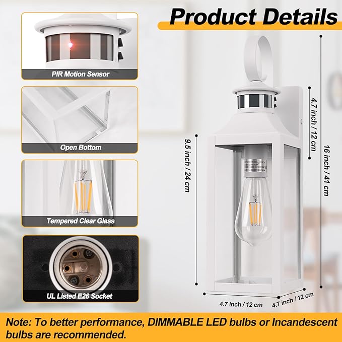 16 Motion Sensor Outdoor Wall Lights 2 Pack - White Dusk to Dawn Outdoor Lighting Wall Mount Modern Exterior Light Fixtures Waterproof Outside Lamps for House Garage