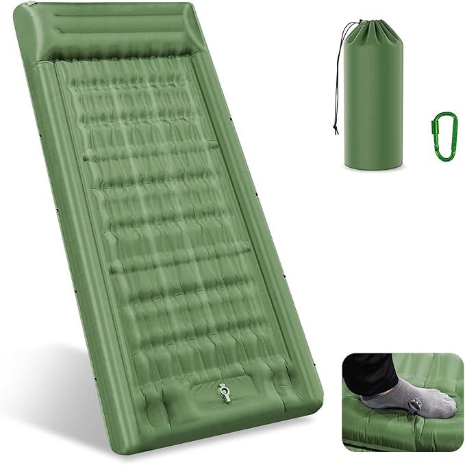 Sleeping Pad for Camping 32.68 Inch Extra Wide Inflatable Camping Mat with Pillow and Built-in Foot Pump Air Mattress 5.11 Inch Extra Thick for Tent (Army Green)