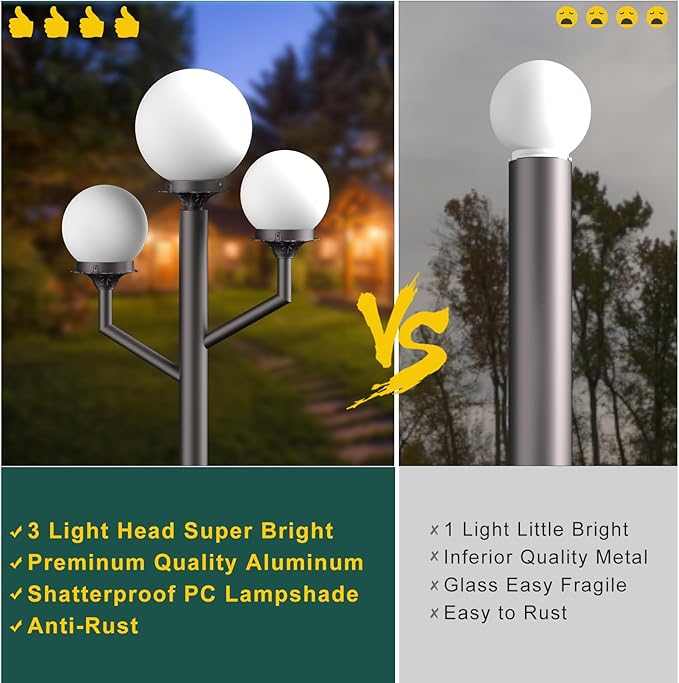 79'' Outdoor Lamp Post Light with Triple Globe Head Waterproof Street Light Pole Lamp for Outside with 3Pcs 10W Bulbs Outdoor Post Light for Garden Yard Patio Driveway-Brown Pole