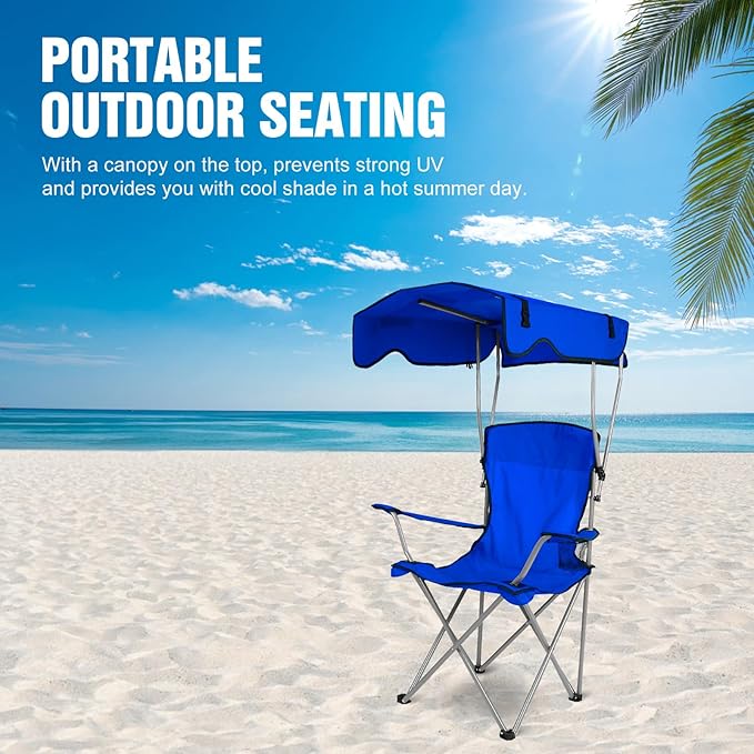 Camping Chair with Canopy Portable Outdoor Folding Beach Chairs with Cup Holder 330LBS Load Lawn Chair for Outside Fishing Beach Picnic (Blue)