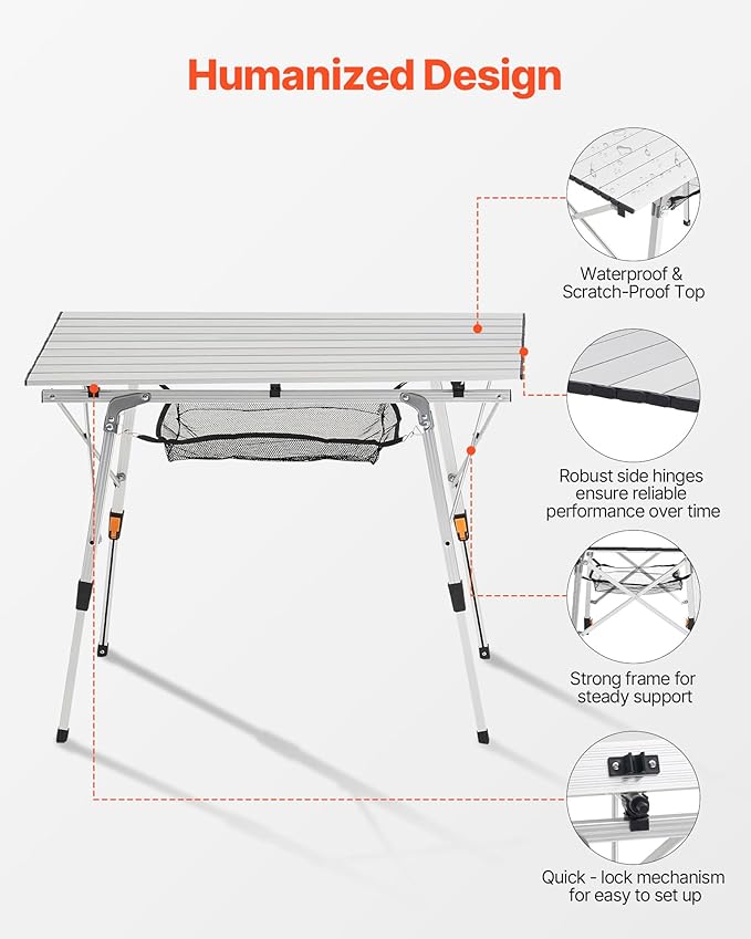 VEVOR Folding Camping Table Portable Roll Up Side Tables Lightweight Aluminum Beach Table for Outdoor BBQ Tailgating Picnic Travel (35 inch-Silver)