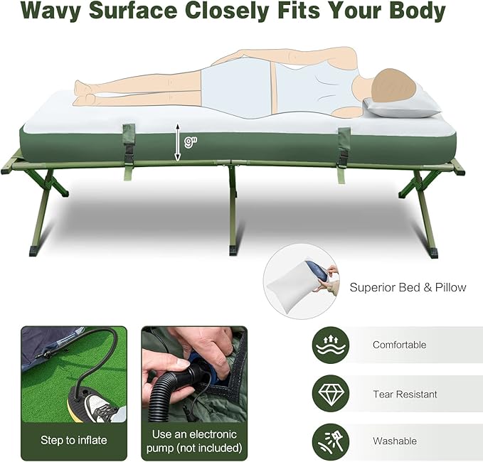 Safstar 5-in-1 Tent Cot Camping Cot Tent with Air Mattress Sleeping Bag Camping Cot Awning &amp Air Pillow Carrying Bag Off The Ground Tent Elevated Tent Cot for Camping Hiking Picnic Travel