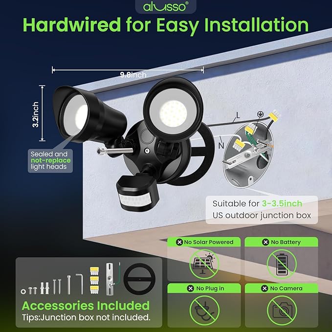 ALUSSO Motion Sensor Outdoor Lights 30W 3500LM Flood Lights Outdoor 120V 3 Modes (Dusk to Dawn/Auto/On Time) 3CCT 3000K/4000K/6500K Waterproof Hardwired Security Light ETL Listed for Porch 1PC