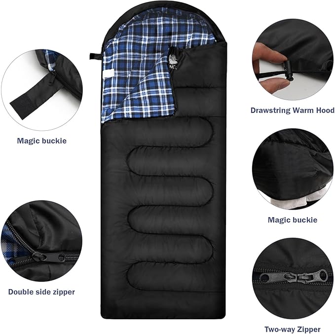 100% Cotton Flannel Sleeping Bag for Adults Big&ampTall Size Backpacking Lightweight Waterproof for Girls Boys Mens Teen for Camping Hiking Outdoor Travel with Compression Bags