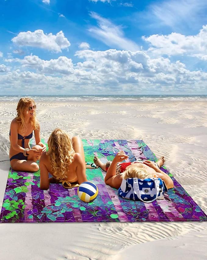 Summer Oil Painting Birch Beach Blanket Waterproof Sandproof Country Purple Tree Plant Beach Mat Quick Drying Outdoor Picnic Mat 95 x 80 for 1-5 Adults Essentials for Travel Camping Hiking