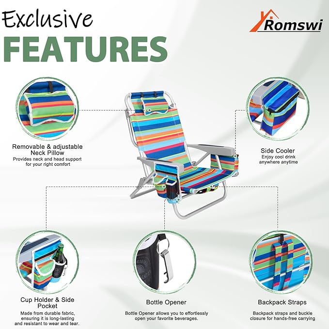 2Pk Aluminum 5-Position Lay Flat Folding Backpack Beach Chairs for Adults with Cooler Bag Cup&ampPhone Holder Towel Bar for Outdoor Lawn Picnic Sport Portable Foldable Camping Chairs Multi Stripe