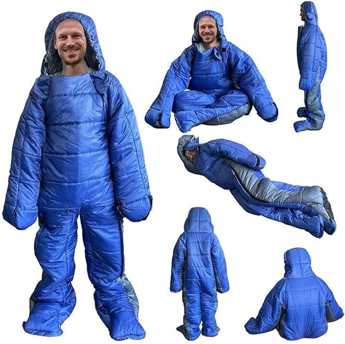 72 Large Wearable Human Sleeping Bag Zipped Foot Opening Design Free Size Ultralight Hoodie Quilted Warm Thermal Coat for Adults Winter or Outdoor 4 Season Camping