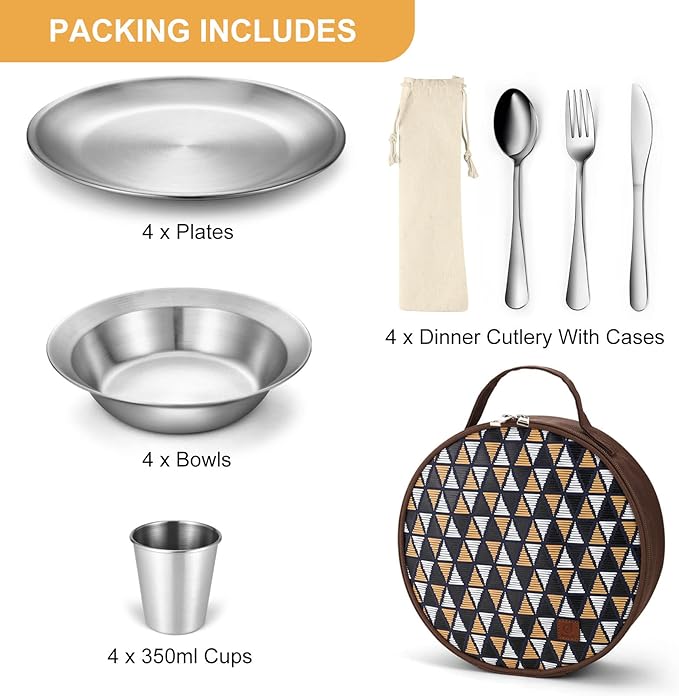 Odoland Stainless Steel Camping Mess Kit for Family &amp Person Cooking Tableware Utensils with Plates Bowls Forks Spoons Knives &amp Savings Bag for Camping Backpacking Hiking Picnic