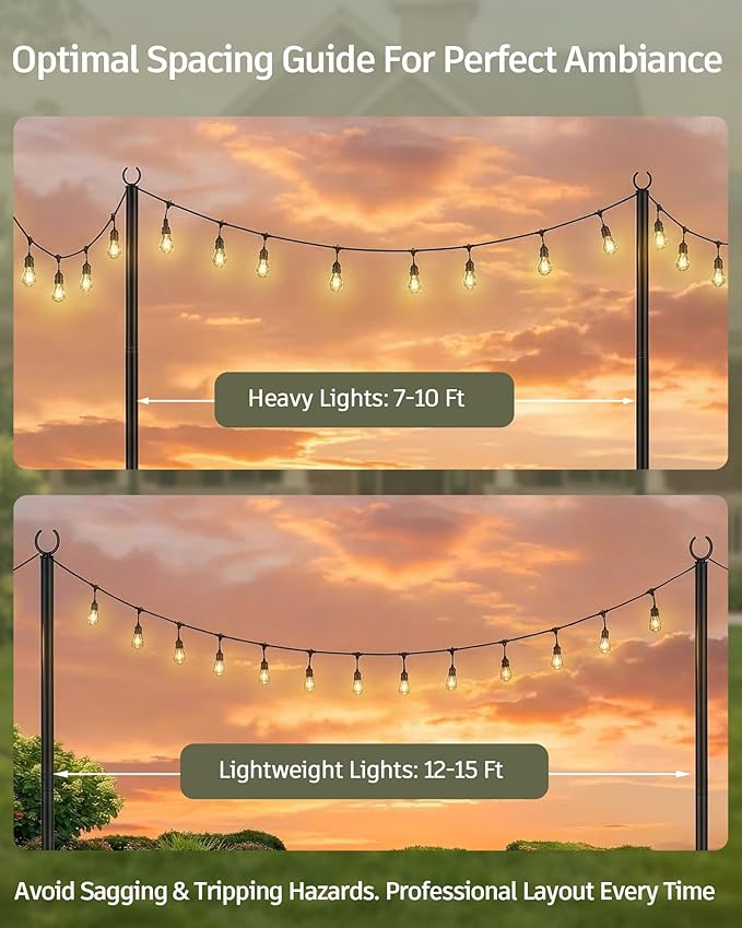 LAND·VOI Outdoor String Light Poles 4 Pack Heavy Duty String Light Poles for Outside with 5-Prong Base &amp Adjustable Height Perfect for Backyard Patio Garden Fence and Party Decor
