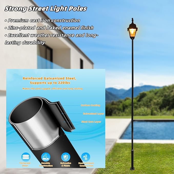 Street Light Pole 10ft Tall Galvanized Split Street Lamp Post for Outdoor Street Courtyard Parking Lot Lighting Post Fixtures with Mounting Ground Cage (10FT 114+76mm)