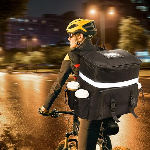 Food Delivery Backpack Insulated Reusable Pizza Delivery Bag with 4 Cup Holder Waterproof Thermal Catering Bags Reflective Strip for Delivery Bike Hot Cold Food Camping