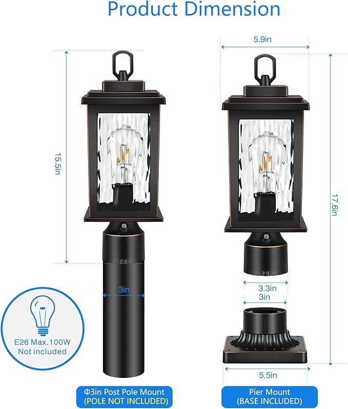 VIANIS Dusk to Dawn Outdoor Post Light with Pier Mount Base Hardwired 120V Waterproof Lamp Post Light Fixture Black Aluminum 3-inch Exterior Post Lamp with Tempered Glass for Patio Garden
