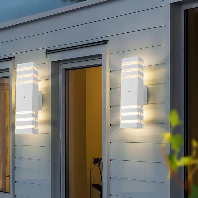 Dusk to Dawn Outdoor Wall Lights 2 Pack White Front Porch Light Fixture Anti-Rust Black LED Up and Down Outdoor Lights for House Hallway Garage Entryway