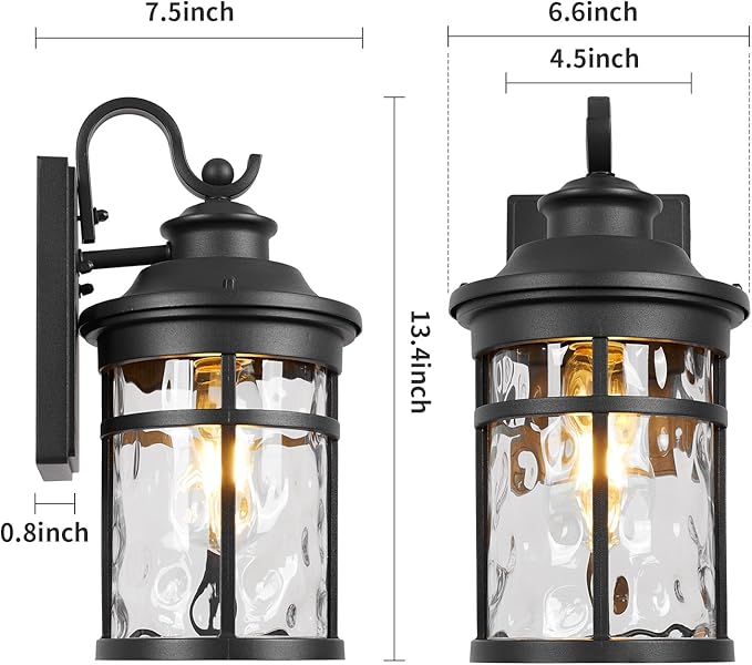 Treekee Outdoor Light Fixture Wall Mount Modern Exterior Wall Sconce with Water Ripple Glass &amp E26 Sockets for Front Porch Farmhouse Rustic Black Wall Lantern Lamp for Patio Garage Home Yard