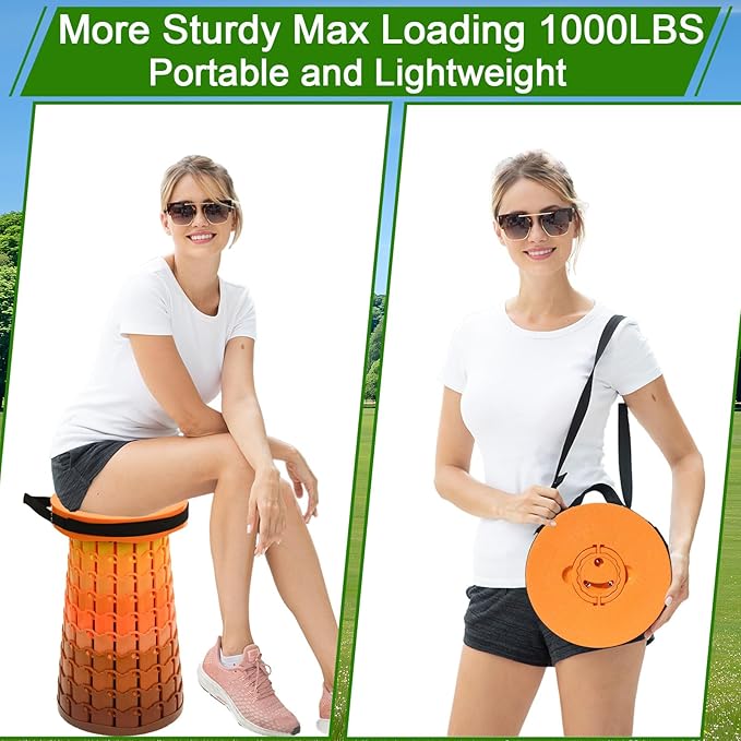 2026 Upgraded XXL Collapsible Stool with Thick Cushion19.7H-11.8D Telescoping Folding Stool for Adults More Sturdy Camping Stools with Load Capacity 1000lbs for OutdoorGardenFishingHiking