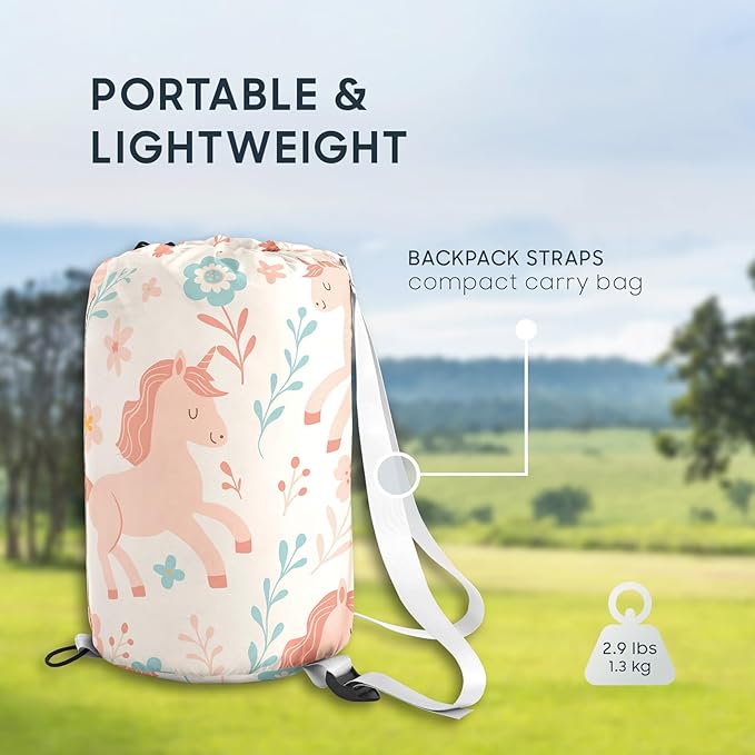 Wake In Cloud - Kids Sleeping Bag for Girls Toddlers Camping in Warm Cold Weather Backpacking Lightweight Compact Outdoor Liner for 3 Seasons Unicorn Garden Flowers