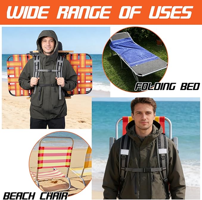 Outus 2 Pack Beach Chair Backpack Straps Adjustable Shoulder Carry Strap with 8 Aluminum Carabiners Clips Backpack Straps Replacement Heavy Duty Nylon Chair Carrying for Beach Camping Folding Chairs