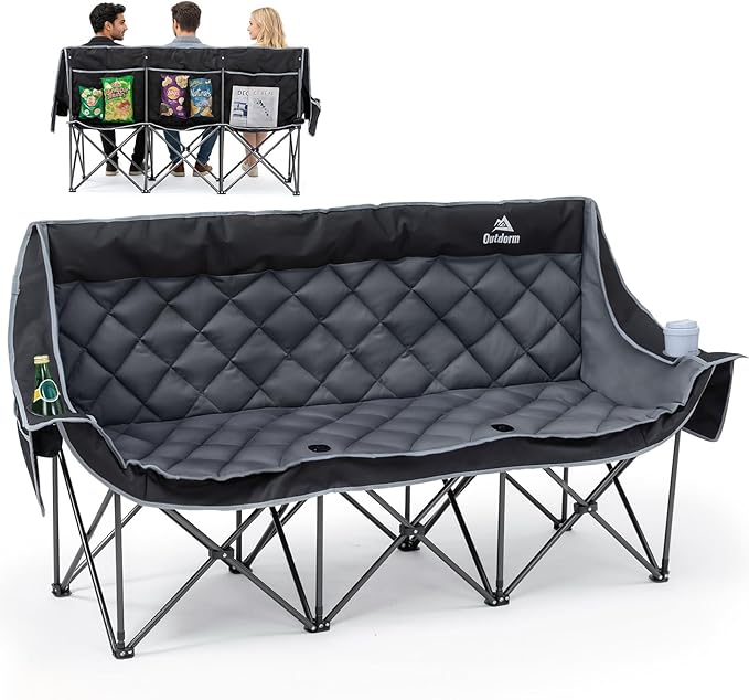 3 Person Camping Chair Oversized Padded Loveseat Camping Chairs Heavy Duty Folding Outdoor Couch with Cup Holder &amp Phone Side Pocket Extra Wide Outdoor Loveseat for Camping Tailgating Lawn Black