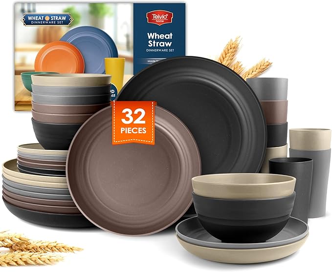 Teivio 32-Piece Kitchen Plastic Wheat Straw Dinnerware SetService for 8Unbreakable Dinner Plates BowlsCupsFarmhouse Outdoor Camping Dishes for Rustic Life/Country/Vintage ColorfulAesthetic