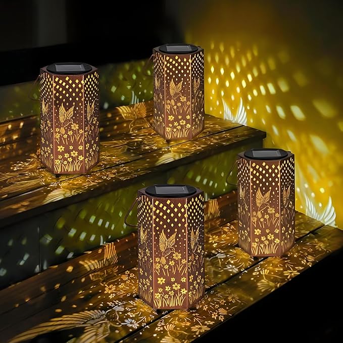 Mothers Day Gifts for Mom Grandma - Birthday Gifts for Women 4 Pack Hummingbird Solar Lanterns Outdoor Waterproof Solar Lights Outdoor Hanging Garden Decor for Outside