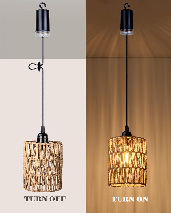 Battery Operated Chandelier Battery Hanging Pendant Light Rattan Lights with Warm White Bulb 4*AA Battery Powered for Gazebo Pergola Porch Patio Outdoor Indoor Decor (2)