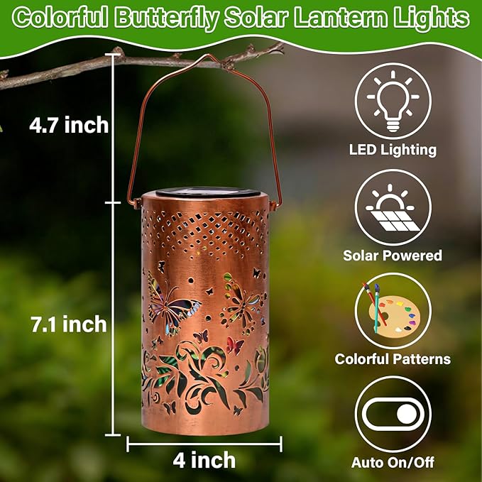 Colorful Solar Lanterns Outdoor Waterproof Garden Decor LED Butterfly Solar Lights Gifts for Women Mom Sister Grandma Metal Hanging Lantern for Outside Table Tree Garden Patio Yard Lawn Porch Decor